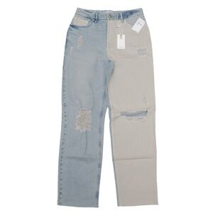 Good American Two-Tone Straight Jeans in Light Blue & Cream